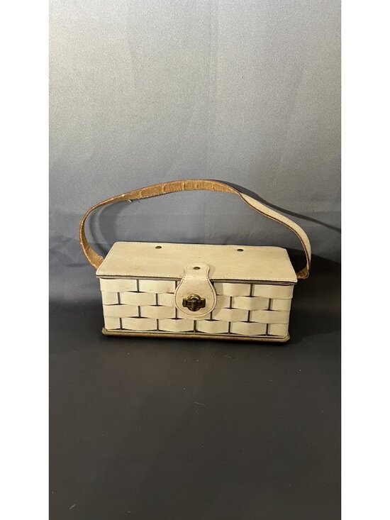 Unknown Handbags - Vintage White Woven Leather Basket Handbag With Brass Closure Strap